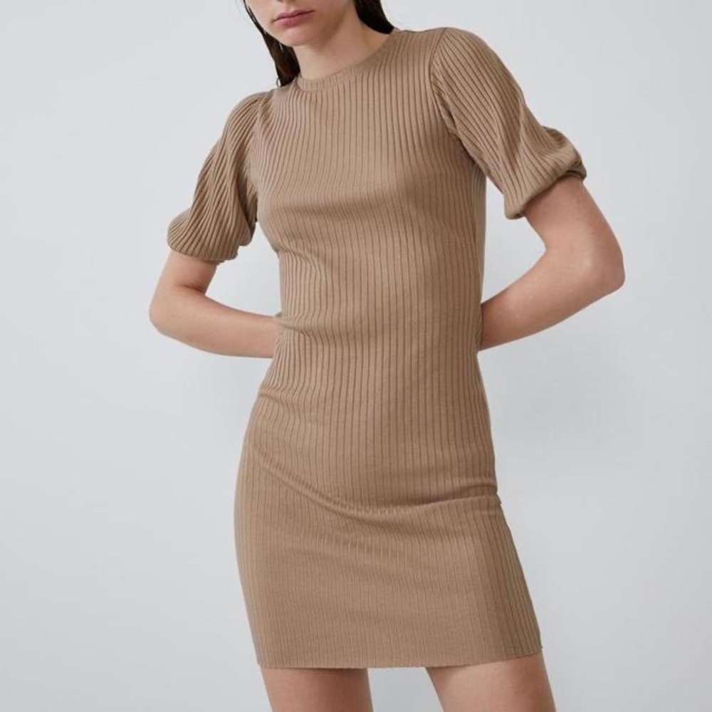 NWT Zara Tan Ribbed Bodycon Sweater Dress Medium Neutral Knit